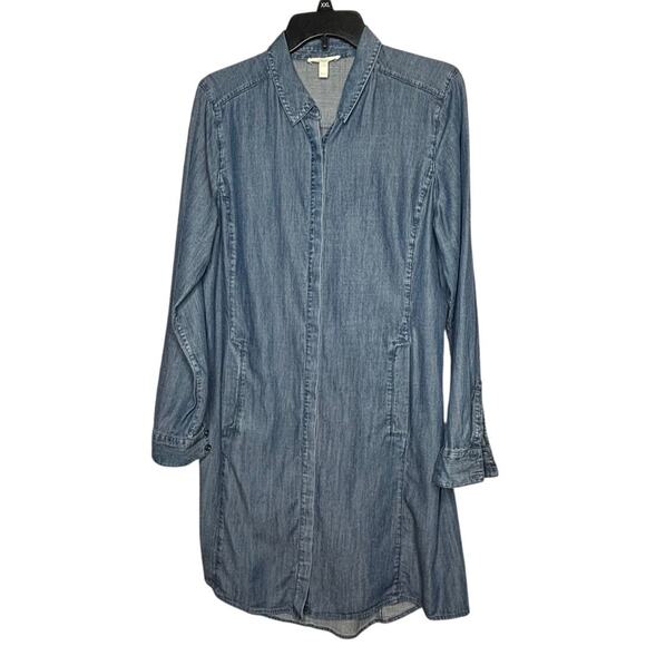 Eileen Fisher Chambray Blue Button Down Long Sleeve Knee Length Dress Medium - Picture 1 of 12